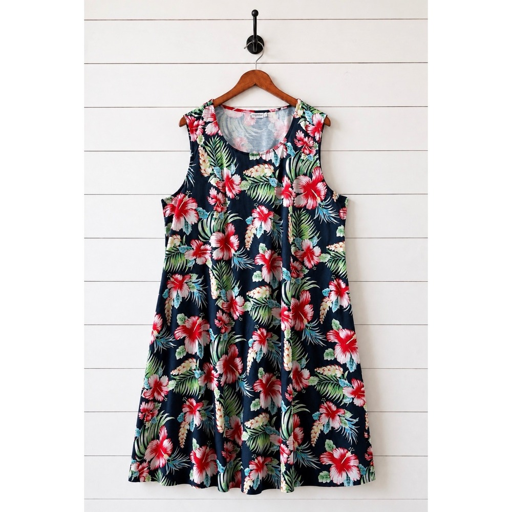 Simple Fun 3XL‎ Tropical Hibiscus Floral Sleeveless Swing Dress Navy NWOT